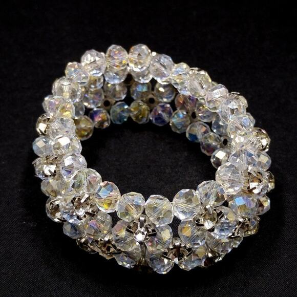 Clear Crystal & Rhinestone Beaded Stretch Wide Bracelet, 7 Inches - Picture 8 of 9
